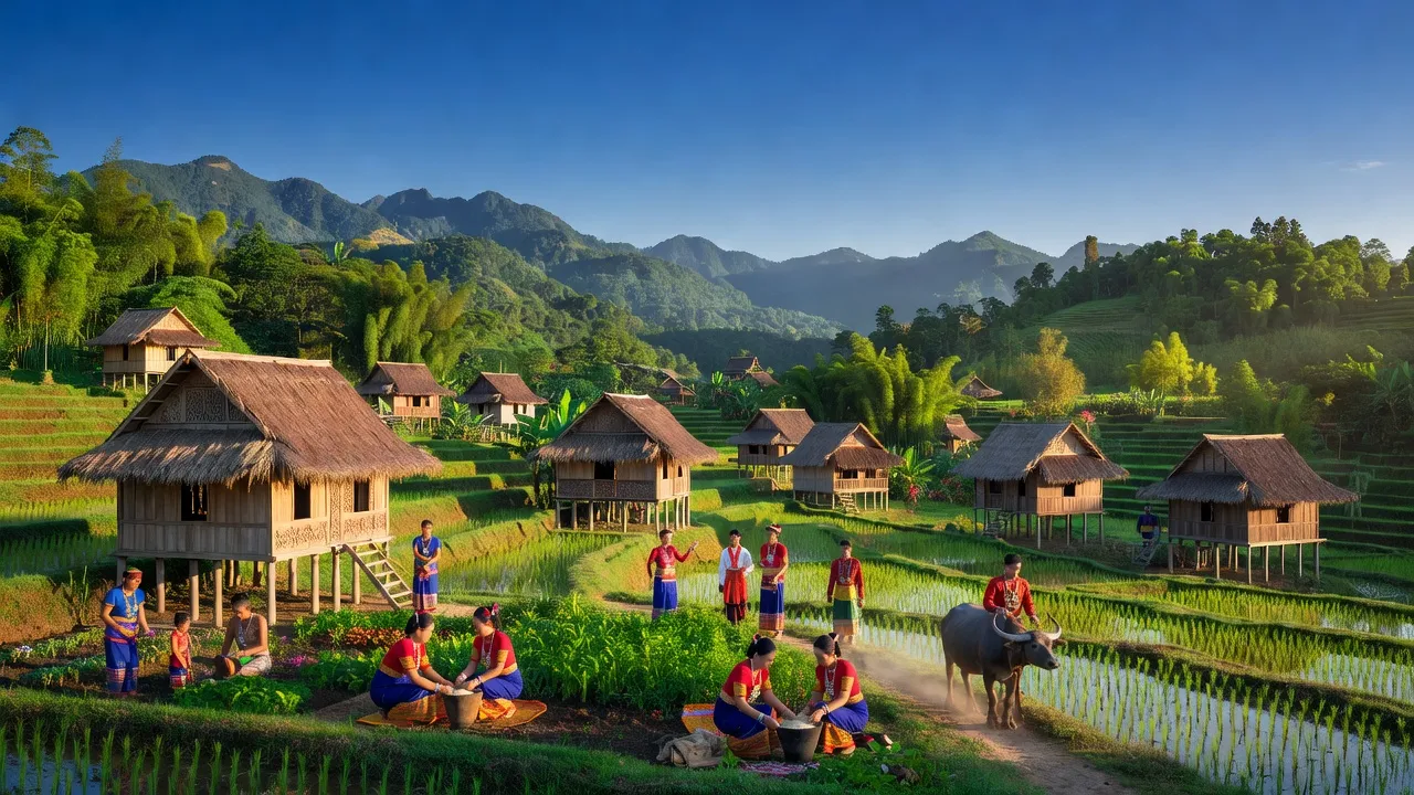 Khung cảnh thiên nhiên xã Đắk Tờ Re, huyện Kon Rẫy, tỉnh Kon Tum với cảnh sắc xanh tươi và nhà sàn truyền thống.
