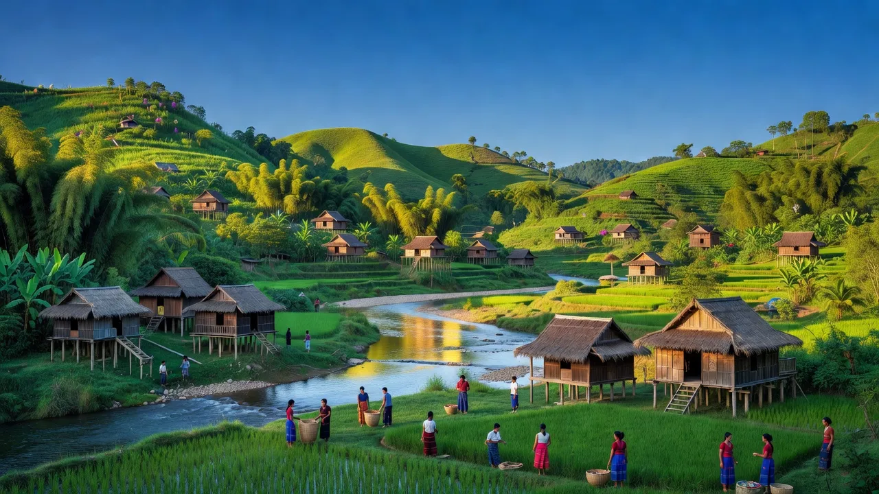 Cảnh đẹp huyện Ngọc Hồi, Kon Tum, với đồi xanh và sông, thể hiện nét văn hóa địa phương.