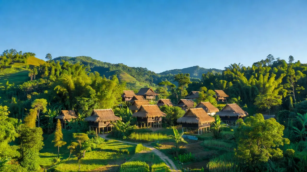 Khung cảnh Ngọc Hồi, Kon Tum với núi xanh và nhà truyền thống, thể hiện vẻ đẹp thiên nhiên.
