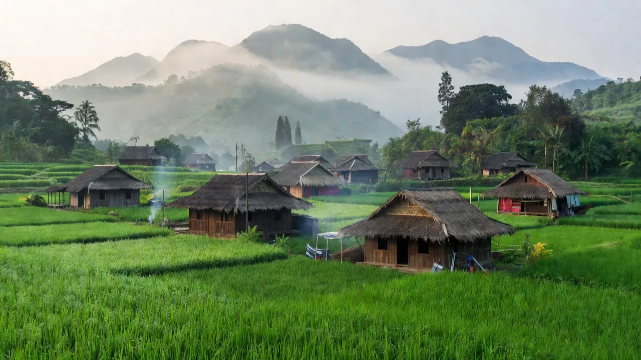 Cảnh đẹp xã Đắk Ang, huyện Ngọc Hồi, tỉnh Kon Tum với nhà truyền thống và núi xanh