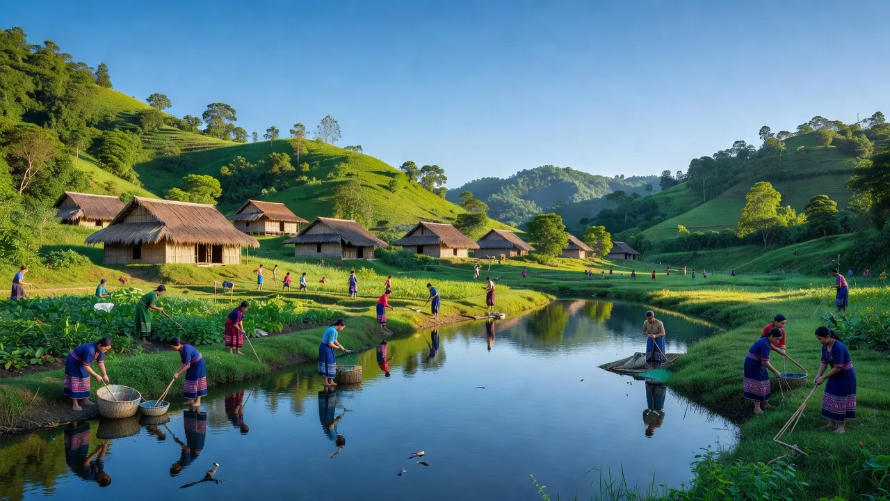 Cảnh quan Xã Đắk Dục, huyện Ngọc Hồi, tỉnh Kon Tum với nhà dân tộc Giẻ Triêng.