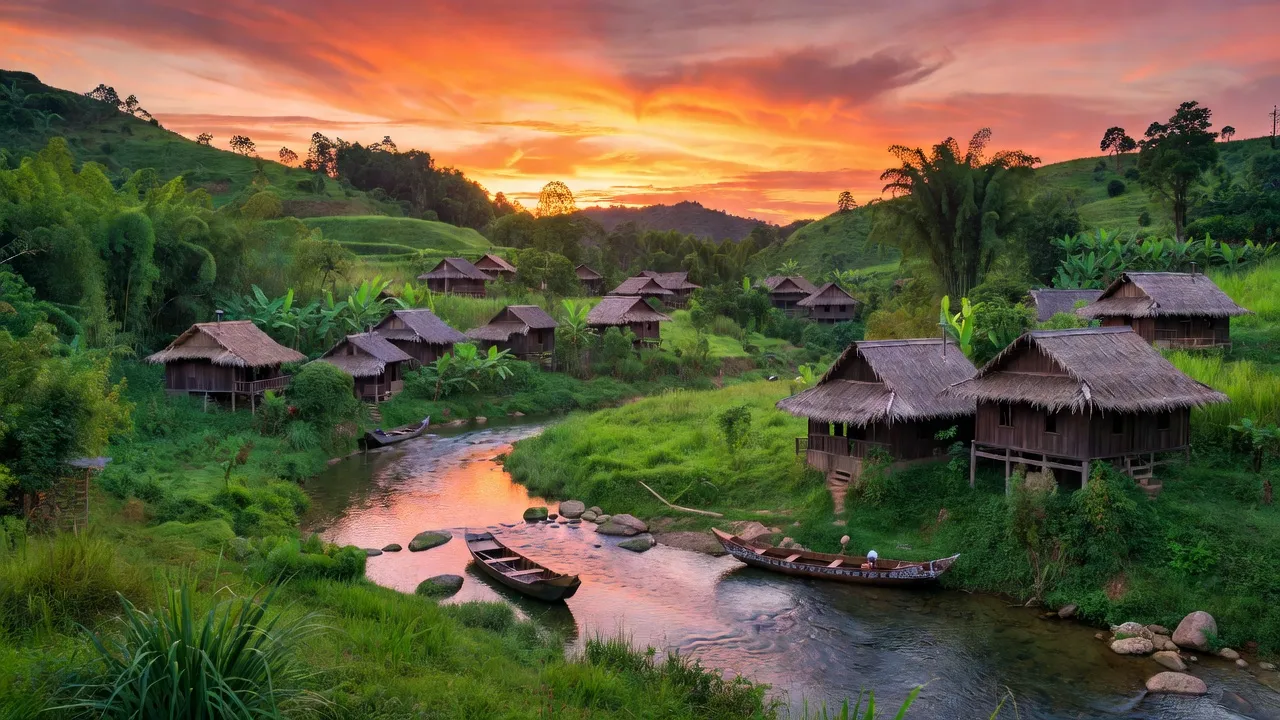 Khung cảnh thiên nhiên xã Đắk Dục, huyện Ngọc Hồi, tỉnh Kon Tum với nhà Giẻ Triêng và sông.