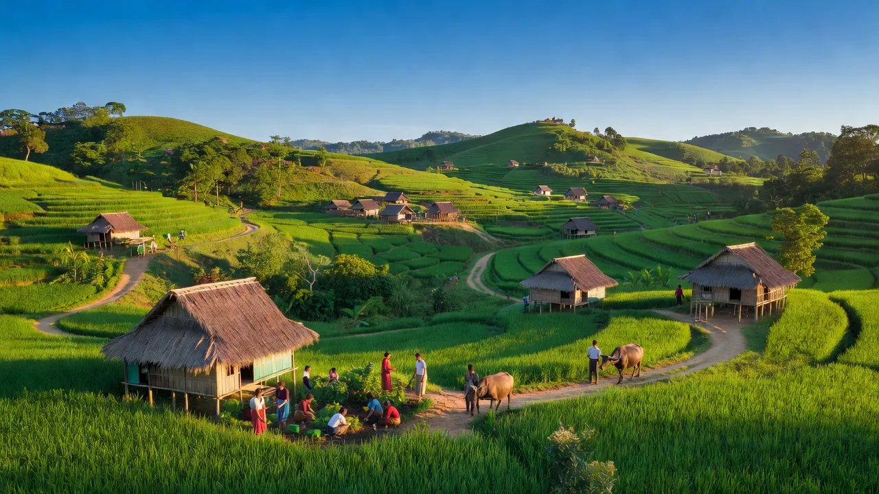 Cảnh quan xã Đắk Xú, huyện Ngọc Hồi, tỉnh Kon Tum với thung lũng xanh và nhà truyền thống.