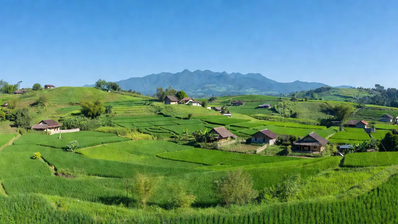 Khung cảnh xanh tươi của xã Đắk Xú, huyện Ngọc Hồi, tỉnh Kon Tum với núi non và nhà cửa.