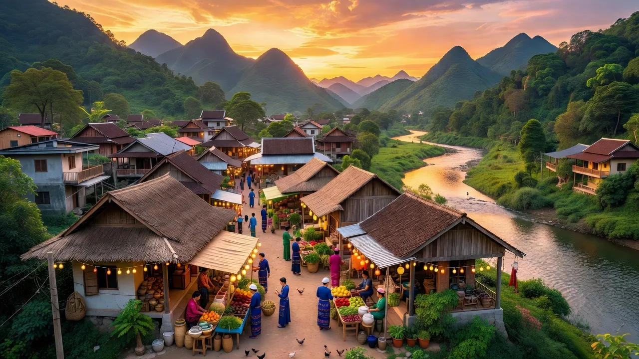 Thị trấn Plei Kần, huyện Ngọc Hồi, tỉnh Kon Tum với núi xanh và dòng sông chảy.