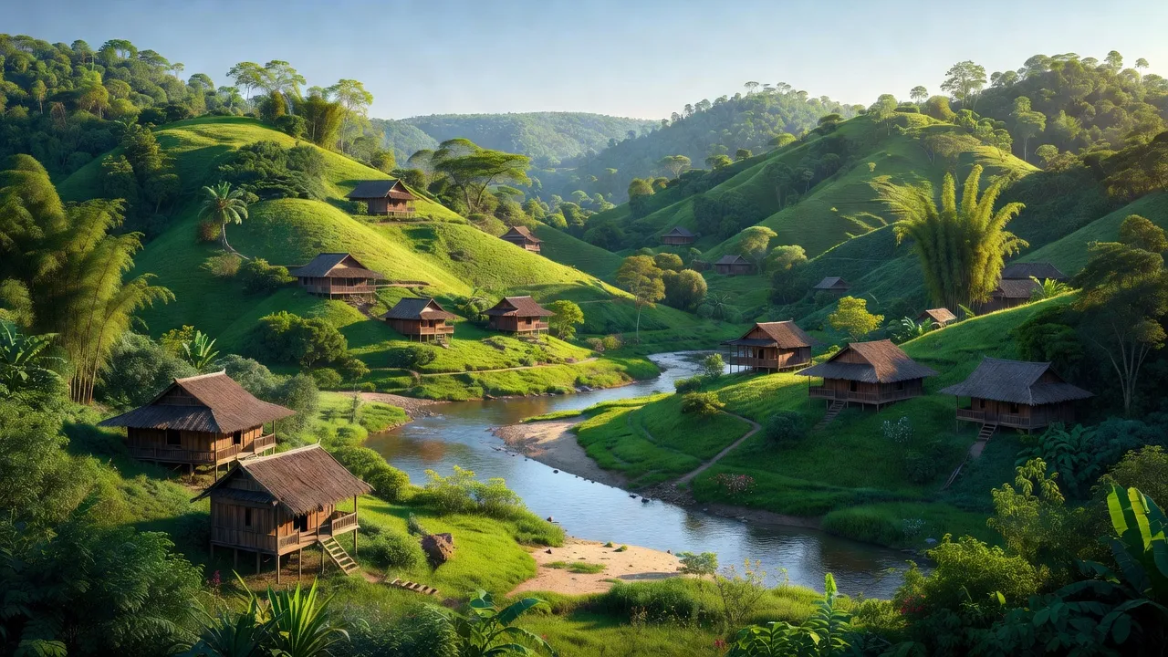 Quang cảnh xã Sa Loong, huyện Ngọc Hồi, tỉnh Kon Tum với núi xanh và nhà truyền thống.