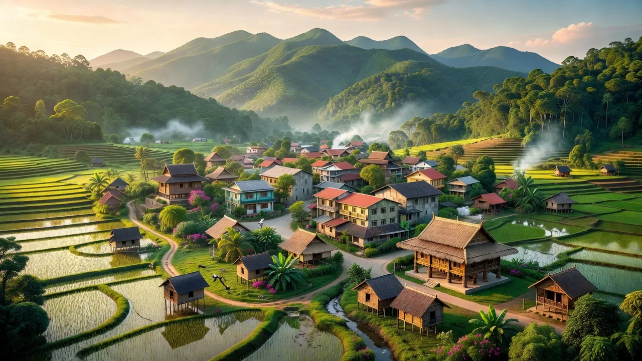 Cảnh đẹp huyện Sa Thầy, tỉnh Kon Tum với núi rừng xanh tươi và kiến trúc truyền thống.