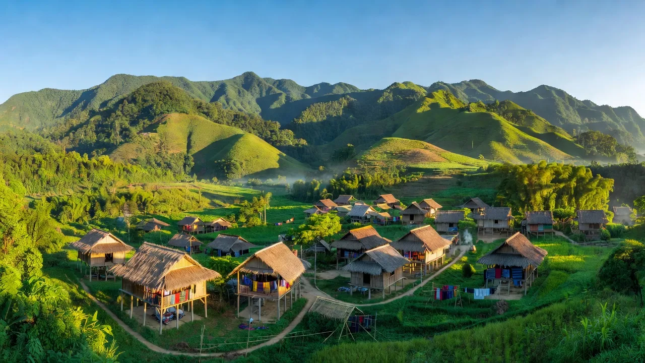 Quang cảnh huyện Sa Thầy, tỉnh Kon Tum với núi xanh và làng truyền thống, thể hiện vẻ đẹp thiên nhiên.