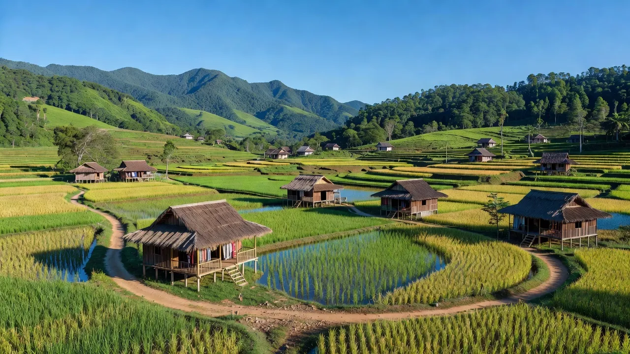 Khung cảnh Xã Hơ Moong, huyện Sa Thầy, tỉnh Kon Tum với núi rừng và cánh đồng lúa xanh.