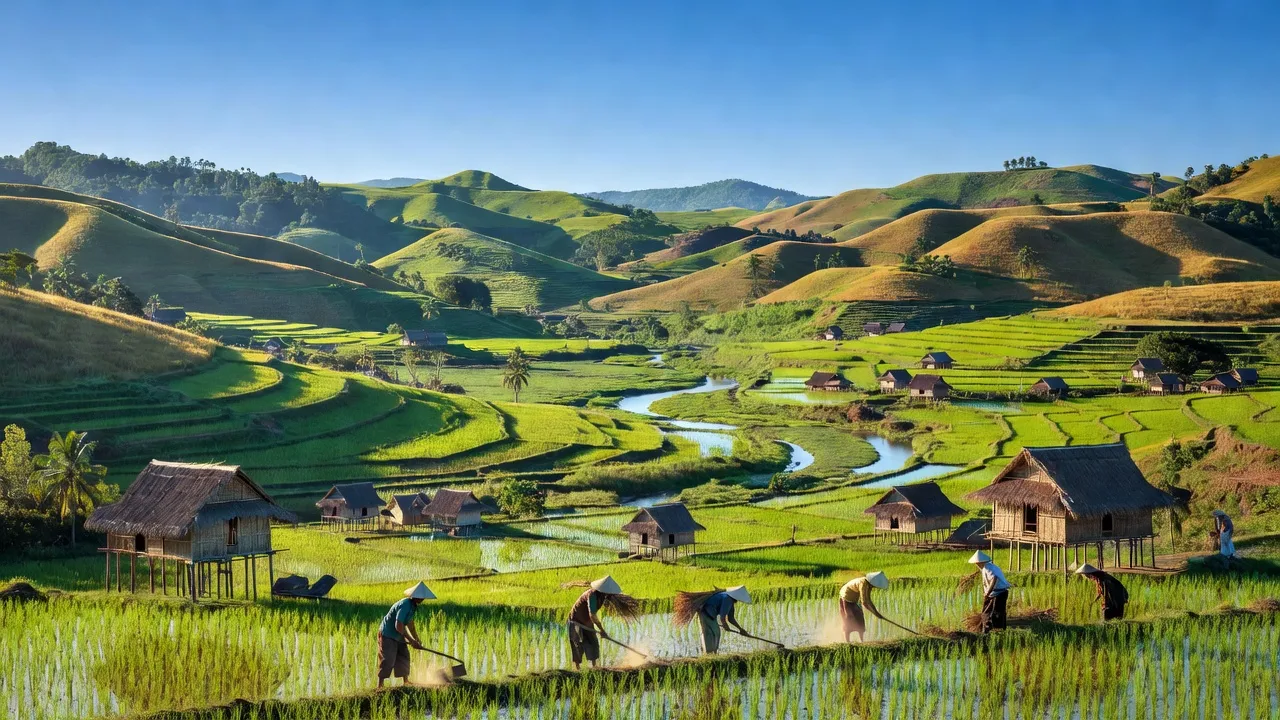 Cảnh quan Xã Rơ Kơi, huyện Sa Thầy, tỉnh Kon Tum với đồi núi xanh tươi và nhà dân.