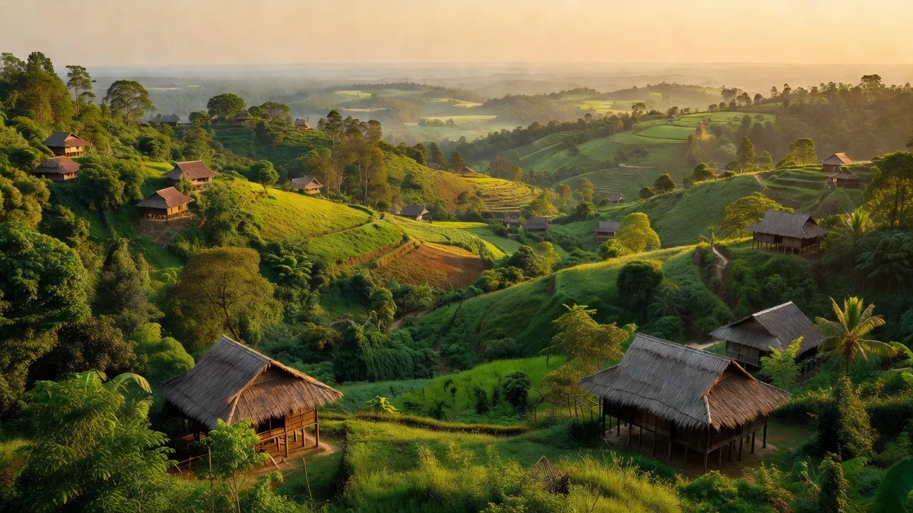 Khung cảnh Rờ Kơi, huyện Sa Thầy, tỉnh Kon Tum với đồi núi và thung lũng xanh tươi.