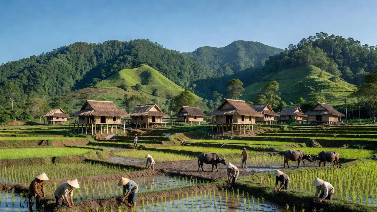 Cảnh đẹp xã Sa Bình, huyện Sa Thầy, tỉnh Kon Tum với núi xanh và nhà truyền thống.