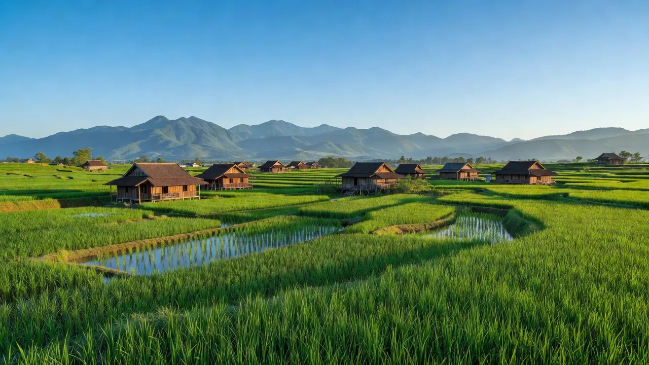 Cảnh đồng xanh tươi và nhà gỗ truyền thống ở xã Sa Bình, huyện Sa Thầy, tỉnh Kon Tum.