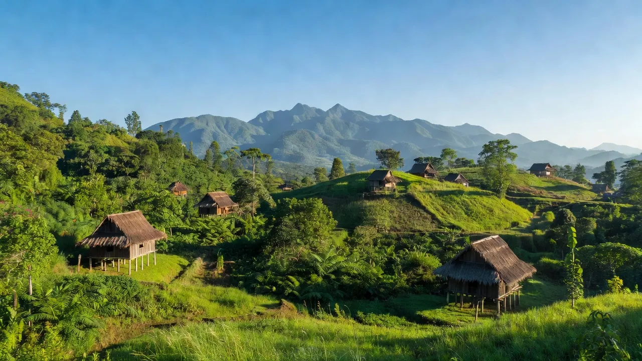 Khung cảnh Xã Sa Nghĩa, Huyện Sa Thầy, Tỉnh Kon Tum với thiên nhiên xanh tươi, núi non xa xa.
