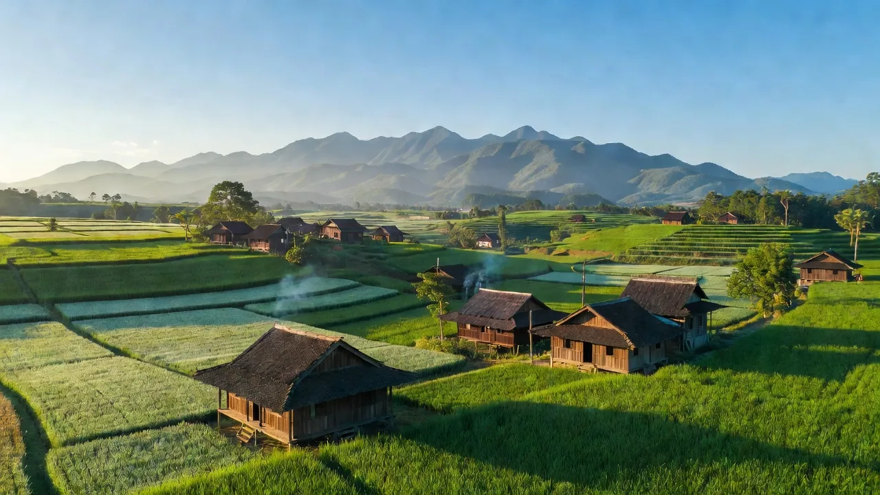 Khung cảnh xã Sa Nhơn, huyện Sa Thầy, tỉnh Kon Tum với núi và nhà gỗ truyền thống.
