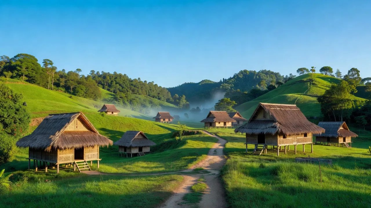 Khung cảnh yên bình tại xã Sa Nhơn, huyện Sa Thầy, tỉnh Kon Tum với nắng vàng và cây xanh.