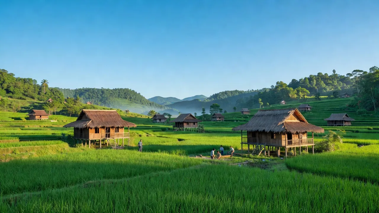 Cảnh làng Sa Sơn, huyện Sa Thầy, tỉnh Kon Tum với ruộng xanh và nhà gỗ truyền thống.