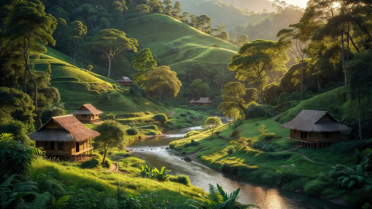 Khung cảnh đẹp tại xã Sa Sơn, huyện Sa Thầy, Kon Tum với thiên nhiên xanh tươi và nhà truyền thống.