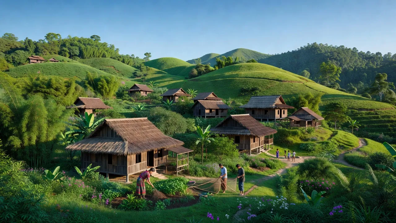 Cảnh quan xã Ya Ly, huyện Sa Thầy, tỉnh Kon Tum với đồi xanh, nhà truyền thống và hoạt động người dân.
