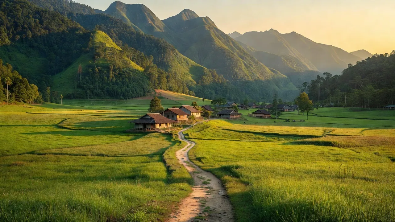 Xã Ya Tăng, huyện Sa Thầy, tỉnh Kon Tum với núi non và đồng cỏ xanh tươi.