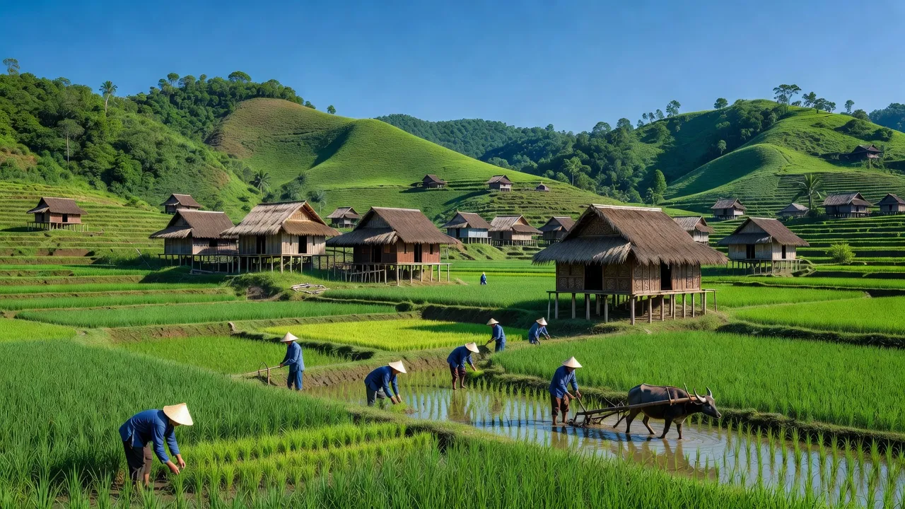 Cảnh đẹp Xã Ya Xiêr, huyện Sa Thầy, tỉnh Kon Tum với nhà sàn và ruộng lúa xanh tươi.