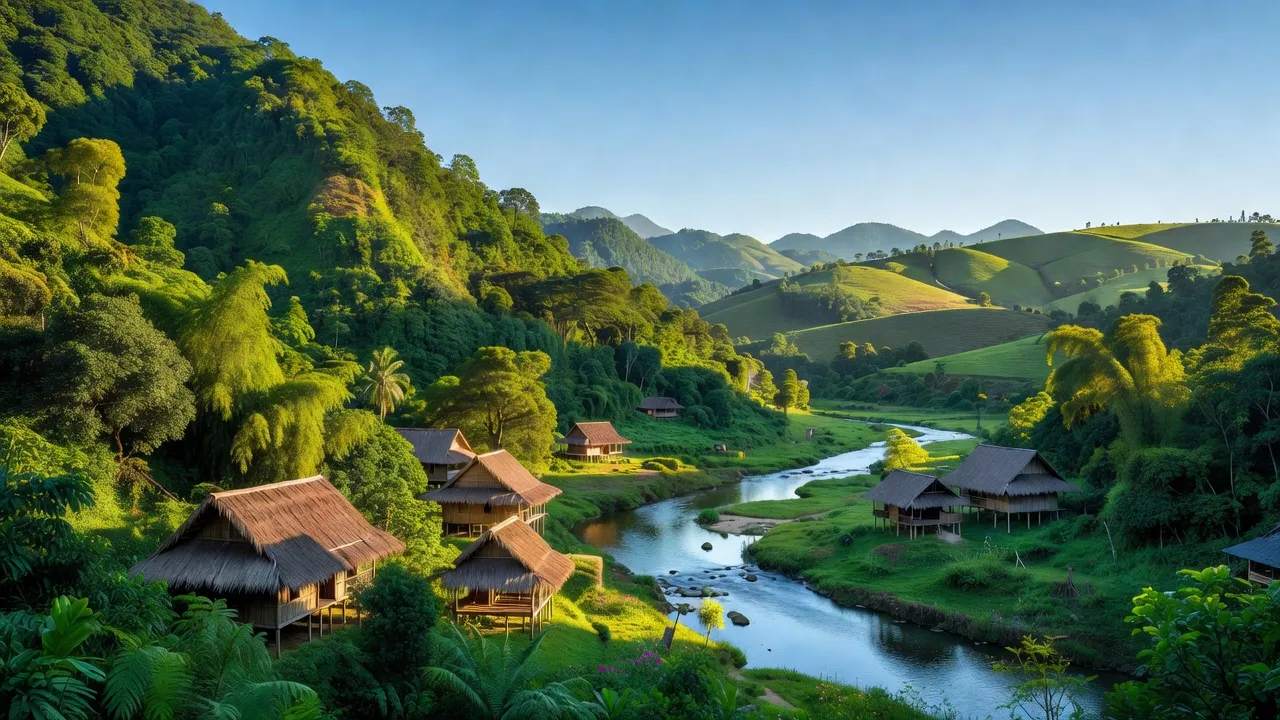 Cảnh đẹp huyện Tu Mơ Rông, tỉnh Kon Tum với núi non xanh tươi và nhà truyền thống.