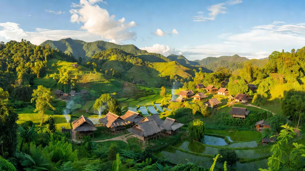 Cảnh quan huyện Tu Mơ Rông, tỉnh Kon Tum với núi xanh và làng người Xơ Đăng, bầu trời trong xanh.
