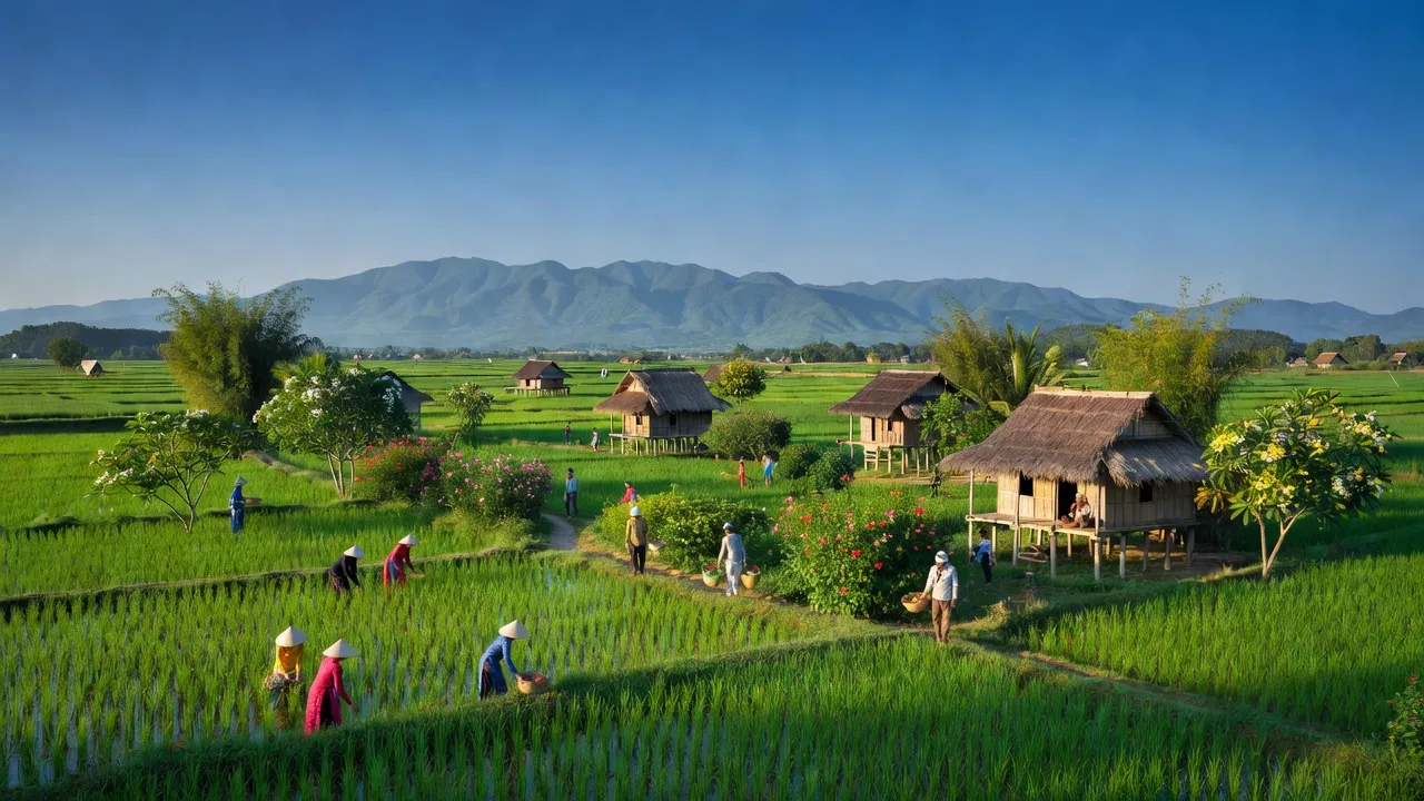 Khung cảnh Xã Đắk Hà, huyện Tu Mơ Rông, tỉnh Kon Tum với cánh đồng xanh và núi xa