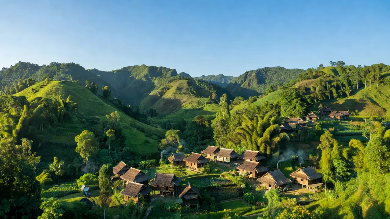 Khung cảnh địa hình đồi núi xã Đắk Na, huyện Tu Mơ Rông, tỉnh Kon Tum, với thôn làng dân tộc thiểu số.