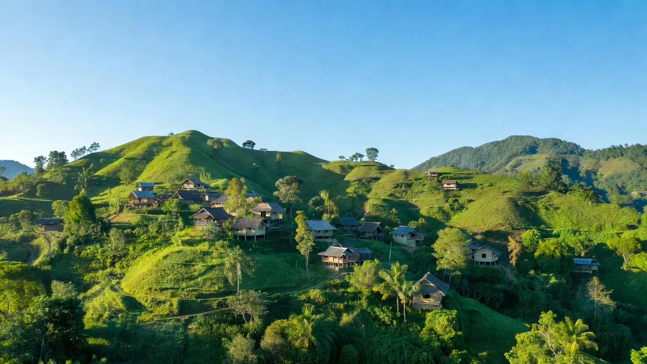 Khung cảnh làng Đắk Na với đồi núi xanh tươi, nhà dân tộc thiểu số ở Kon Tum.