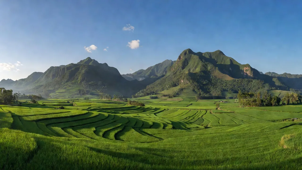 Cảnh đẹp Xã Đắk Rơ Ông, huyện Tu Mơ Rông, tỉnh Kon Tum với cánh đồng và núi non.