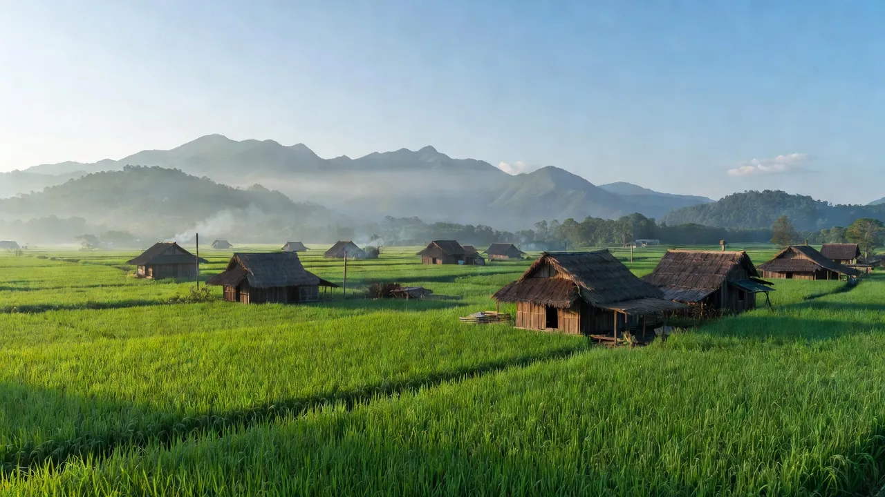 Cảnh làng Đắk Rơ Ông, huyện Tu Mơ Rông, tỉnh Kon Tum với đồng cỏ xanh mướt và núi non.