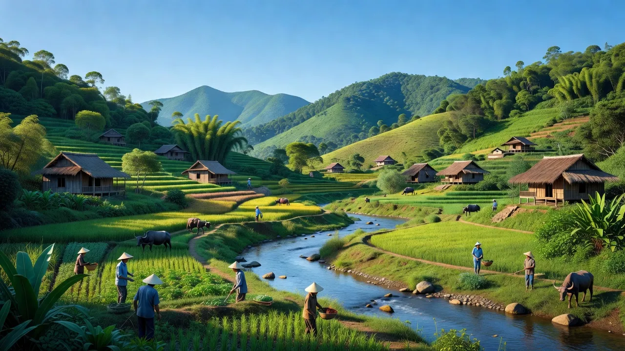 Cảnh làng Đắk Tờ Kan, Tu Mơ Rông, Kon Tum với đồi núi, dòng sông và cuộc sống nông thôn.
