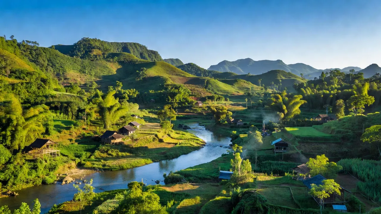 Khung cảnh xã Đắk Tờ Kan, huyện Tu Mơ Rông, tỉnh Kon Tum với đồi núi xanh tươi và sông Đắk Tờ Kan.