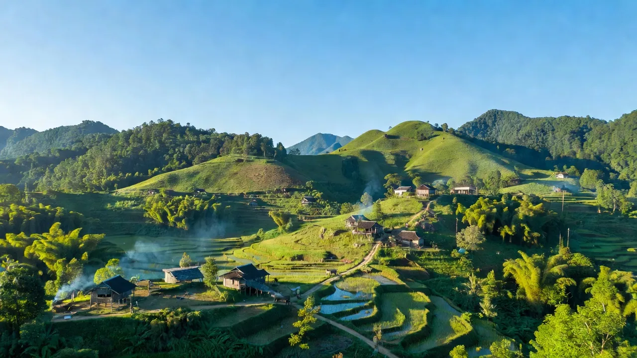 Khung cảnh bình yên của xã Ngọc Lây, huyện Tu Mơ Rông, tỉnh Kon Tum với đồi núi xanh tươi.