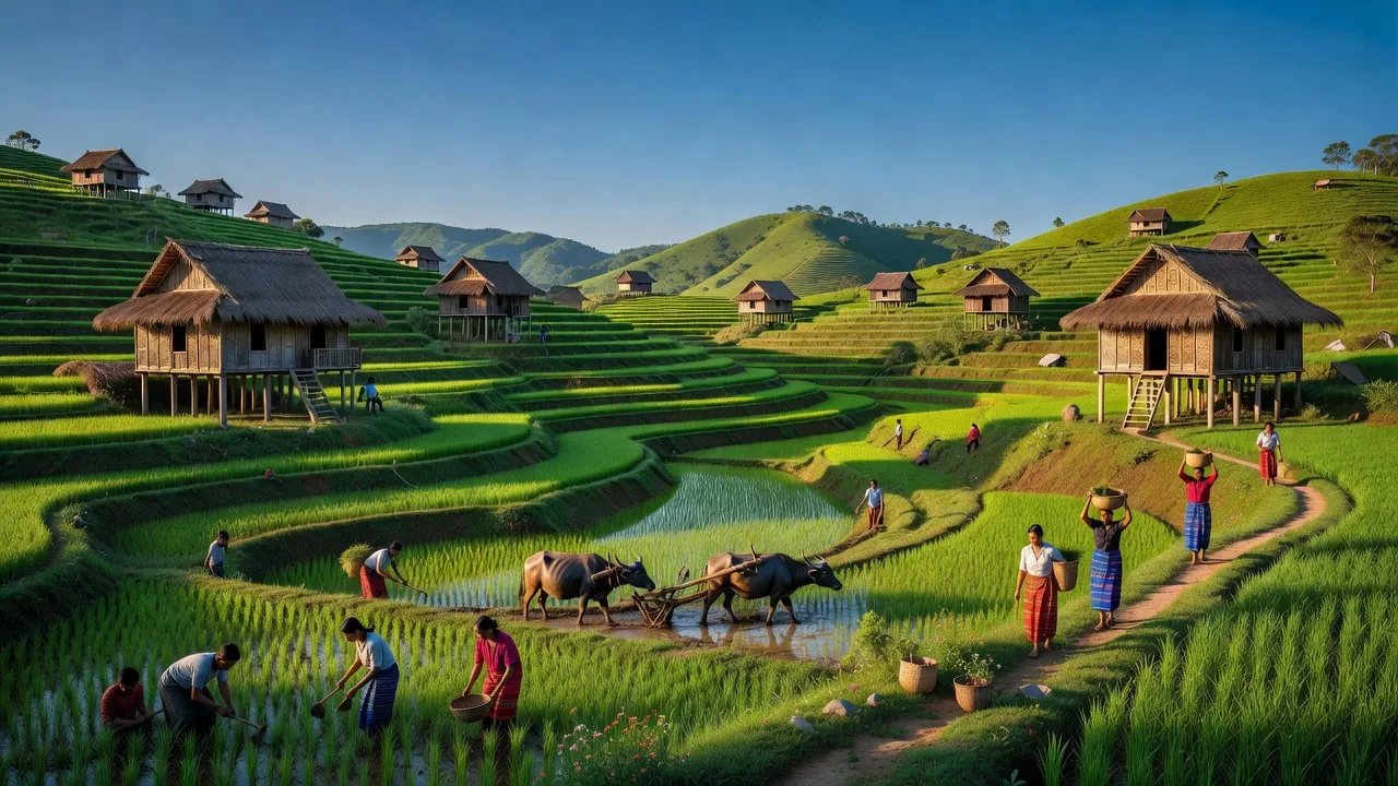 Cảnh đẹp xã Ngọc Yêu, huyện Tu Mơ Rông, tỉnh Kon Tum với đồi núi xanh tươi và nhà cửa truyền thống.