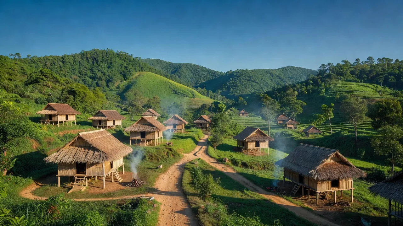 Khung cảnh xã Ngọc Yêu, huyện Tu Mơ Rông với đồi núi xanh tươi và nhà truyền thống.
