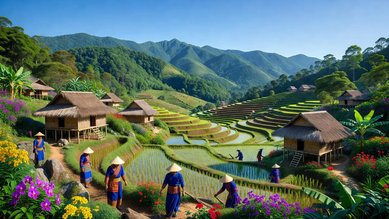 Khung cảnh Xã Tê Xăng, Huyện Tu Mơ Rông, Tỉnh Kon Tum với núi đồi xanh tươi, ruộng bậc thang và nhà truyền thống.