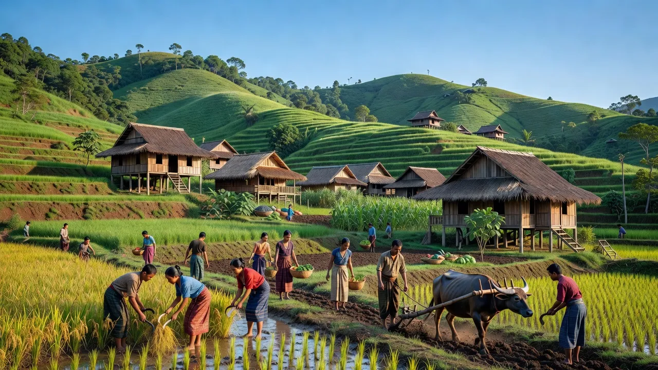Khung cảnh làng Văn Xuôi, huyện Tu Mơ Rông, tỉnh Kon Tum, với đồi xanh và người nông dân làm việc.
