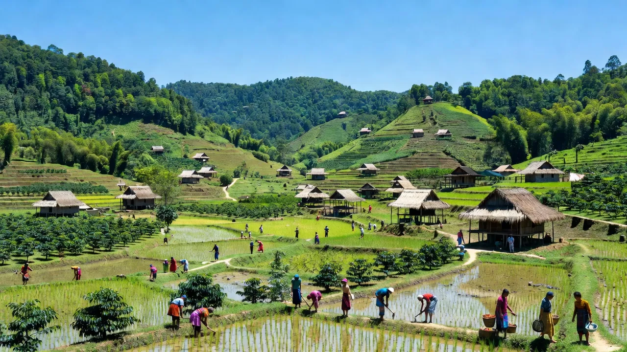 Khung cảnh xã Văn Xuôi, huyện Tu Mơ Rông, tỉnh Kon Tum với đồi núi và hoạt động nông nghiệp.