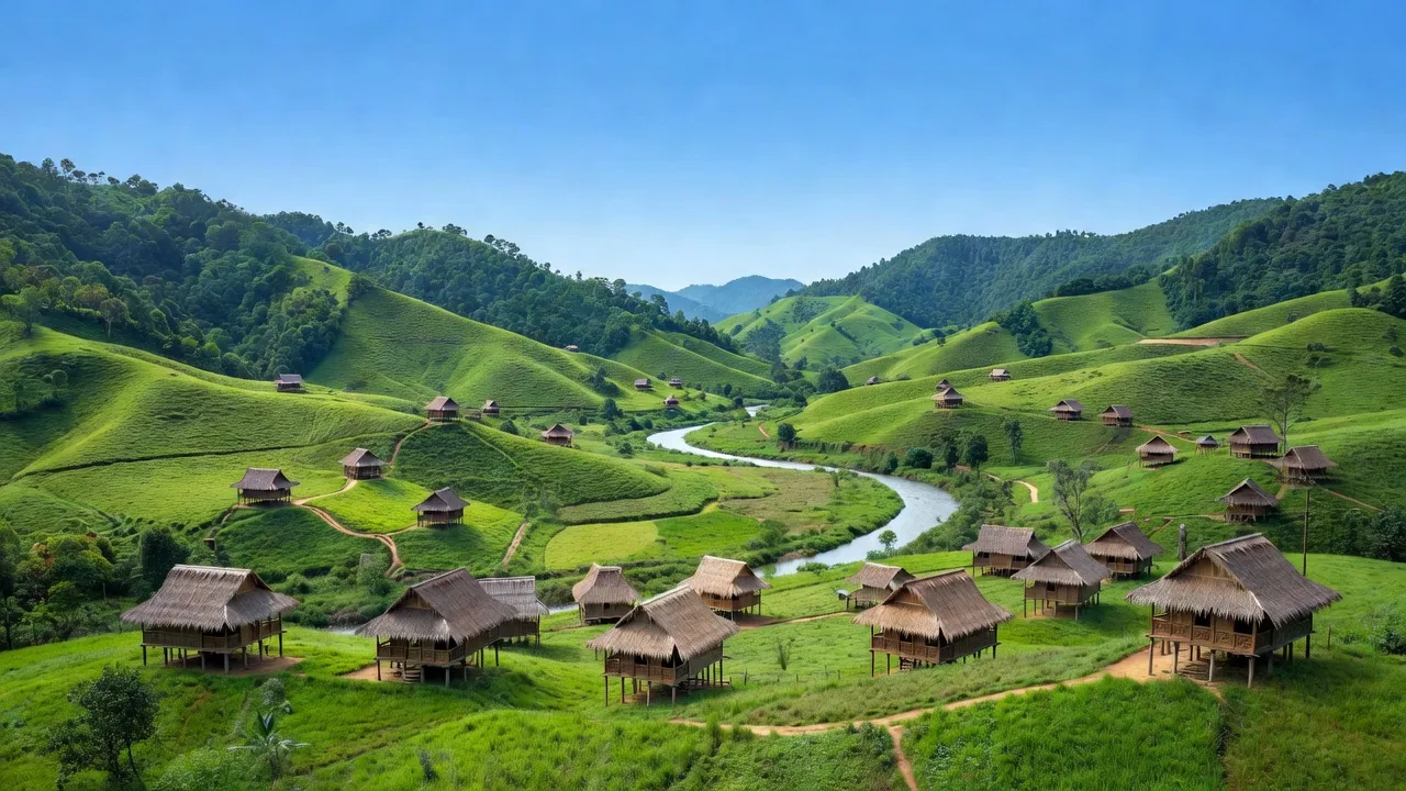 Khung cảnh thiên nhiên tươi đẹp tại tỉnh Kon Tum, với đồi núi xanh và sông nước, Việt Nam.