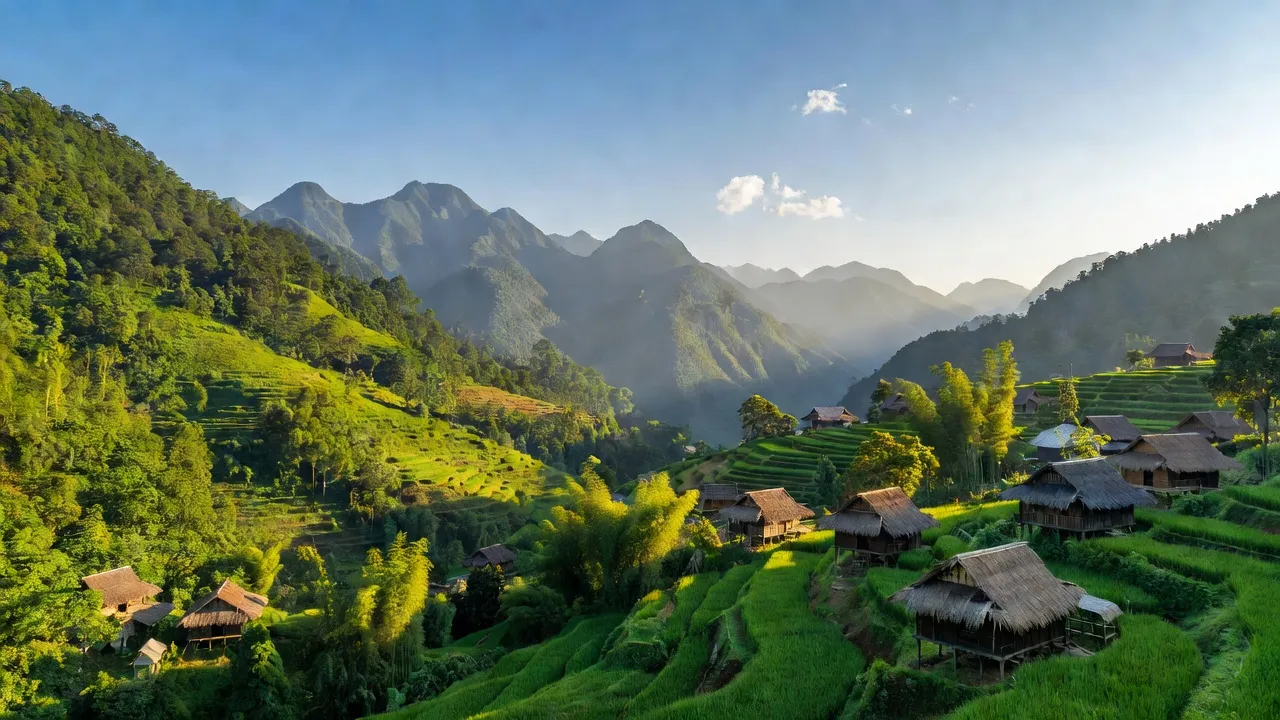 Khung cảnh hùng vĩ huyện Mường Tè, Lai Châu với núi và cây xanh tươi tốt.