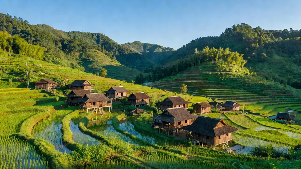 Bum Nưa village in Mường Tè, Lai Châu with lush greenery and terraced rice fields.