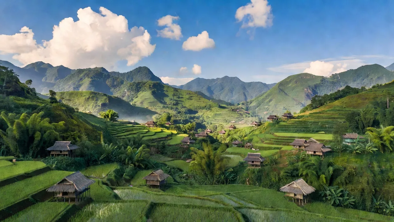 Khung cảnh thiên nhiên xã Bum Nưa, huyện Mường Tè, tỉnh Lai Châu với nhà sàn và đồng ruộng.