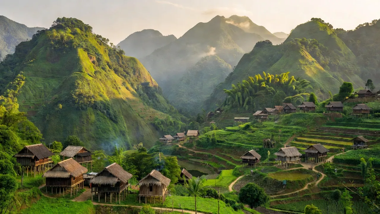 Khung cảnh xã Ka Lăng, huyện Mường Tè, tỉnh Lai Châu với núi non xanh tươi và nhà sàn truyền thống.