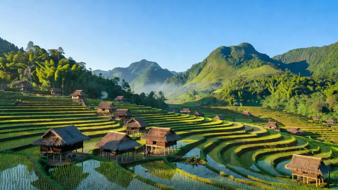 Xã Ka Lăng, huyện Mường Tè, tỉnh Lai Châu với ruộng bậc thang và nhà sàn truyền thống.