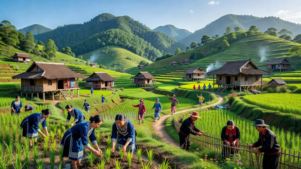 Khung cảnh Xã Kan Hồ, huyện Mường Tè, tỉnh Lai Châu với cảnh quan đồi núi xanh tươi.