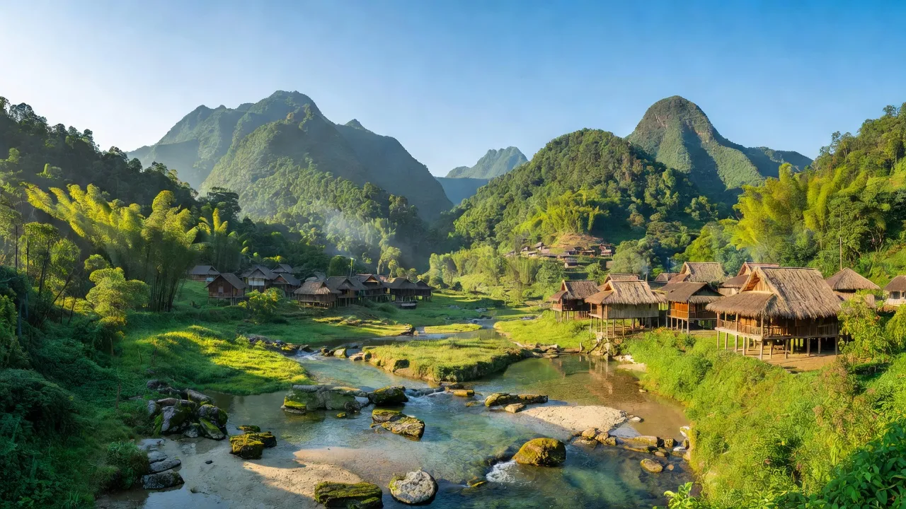 Cảnh quan xã Nậm Khao, huyện Mường Tè, tỉnh Lai Châu với núi rừng và bản làng Cống.
