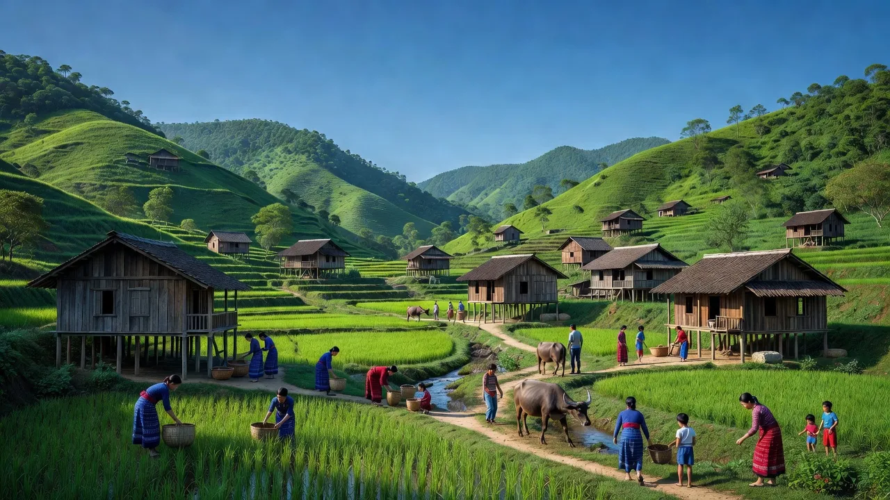 Khung cảnh yên bình tại xã Nậm Khao, huyện Mường Tè, tỉnh Lai Châu với nhà truyền thống và đồi xanh.