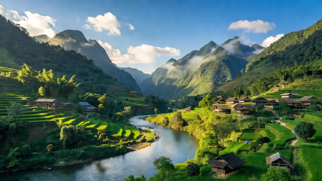 Cảnh quan xã Pa Ủ, huyện Mường Tè, tỉnh Lai Châu, sông Đà và núi xanh bao quanh.